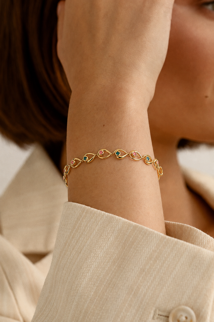 Golden Multicolour Stone Marquise Link Bracelet – view 2