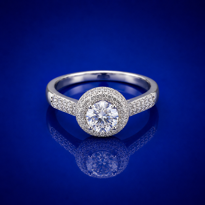 Silver Round Solitaire Pave Halo Ring