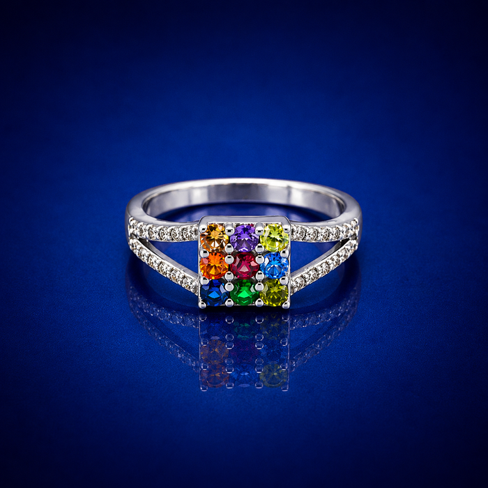 Silver Navratna Square Panel Split-Shank Ring
