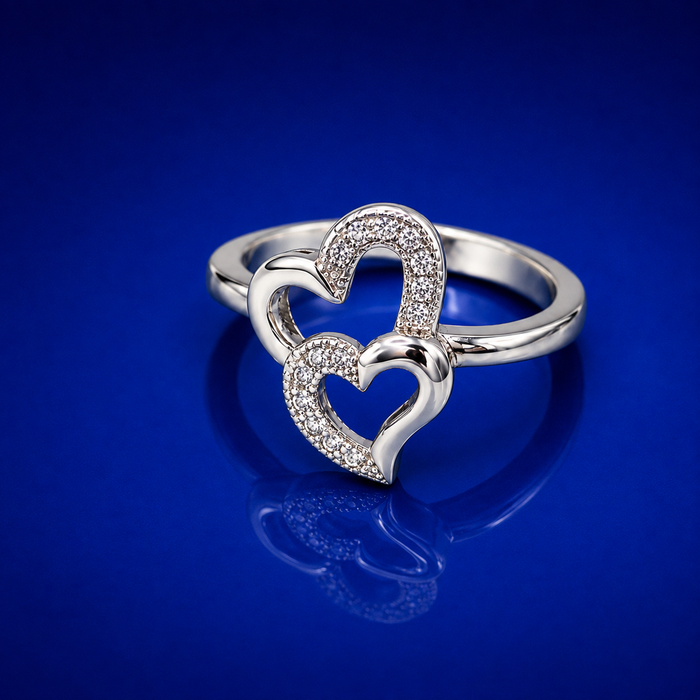 Silver Double Open Heart Pave Ring