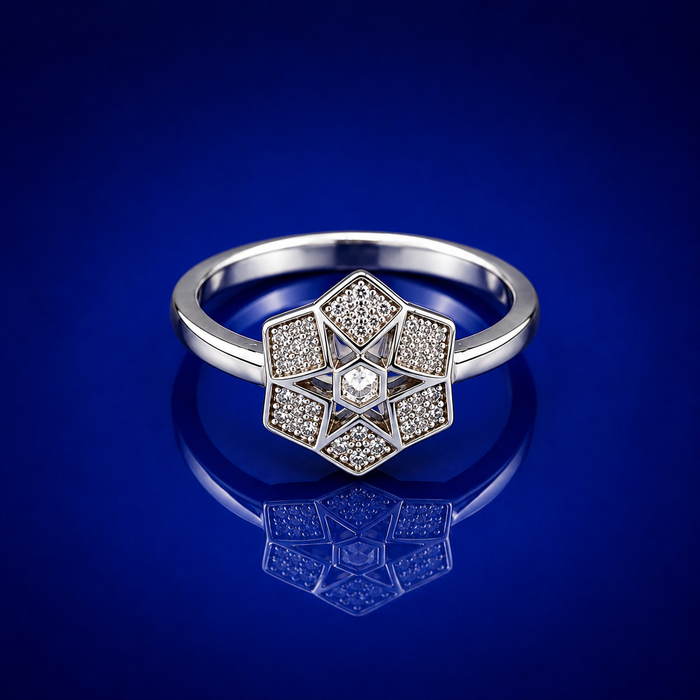 Silver Pave Star Hexagon Panel Ring