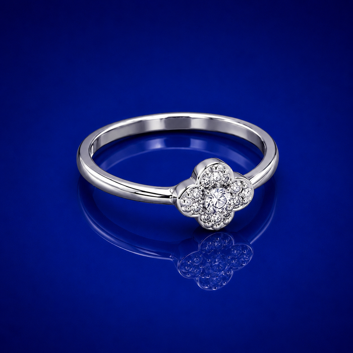 Silver Four-Petal Clover Solitaire Ring