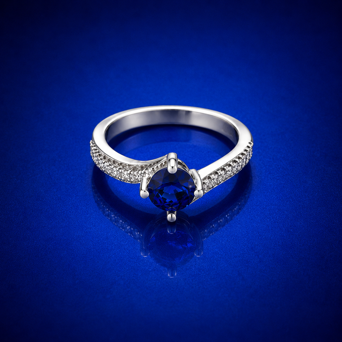 Silver Blue Round Solitaire Twist Ring