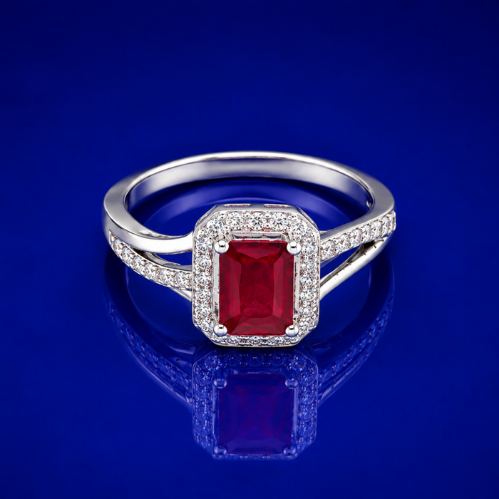 Silver Ruby Emerald-Cut Halo Split-Shank Ring