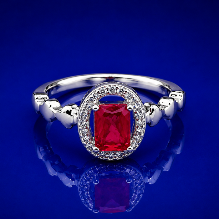 Silver Ruby Emerald-Cut Halo Heart Ring