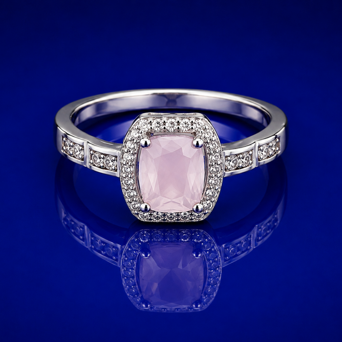 Silver Pink Cushion Halo Baguette Ring