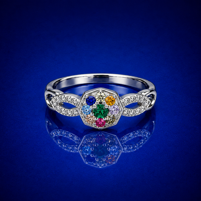 Silver Navratna Hexagon Twist Ring