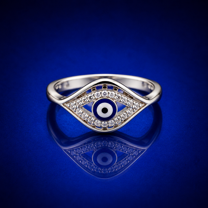 Silver Blue Evil Eye Pave Marquise Ring