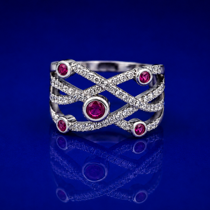 Silver Ruby Bezel Criss-Cross Pave Ring