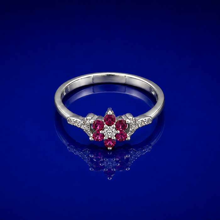 Silver Ruby & CZ Flower Cluster Ring