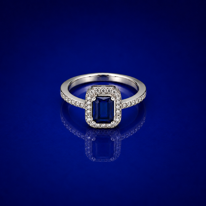 Silver Blue Emerald-Cut Milgrain Halo Ring