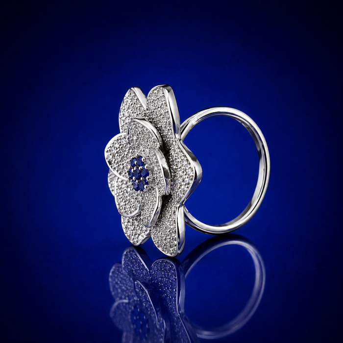Silver Pave Rose Cocktail Ring with Blue Centre