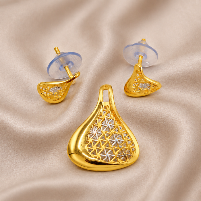 Two-Tone Golden Teardrop Mesh Pendant & Stud Set