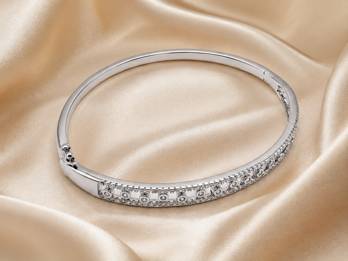 Silver CZ & Oxidised Eye Motif Hinged Bangle