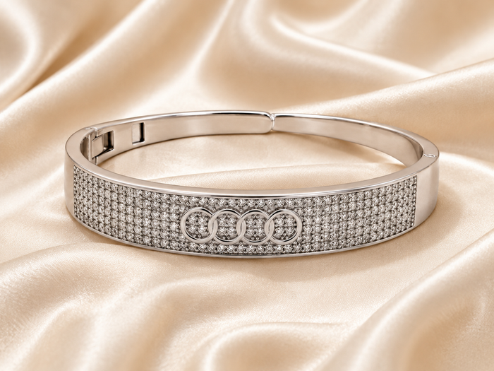 Silver Broad Pave Circle Hinged Bangle