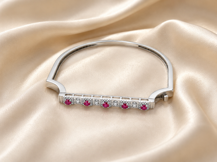 Silver Pink & White CZ Bar Hinged Bangle