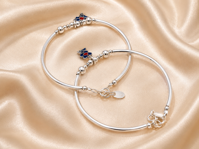 Silver Blue Enamel Charm Beaded Bracelet