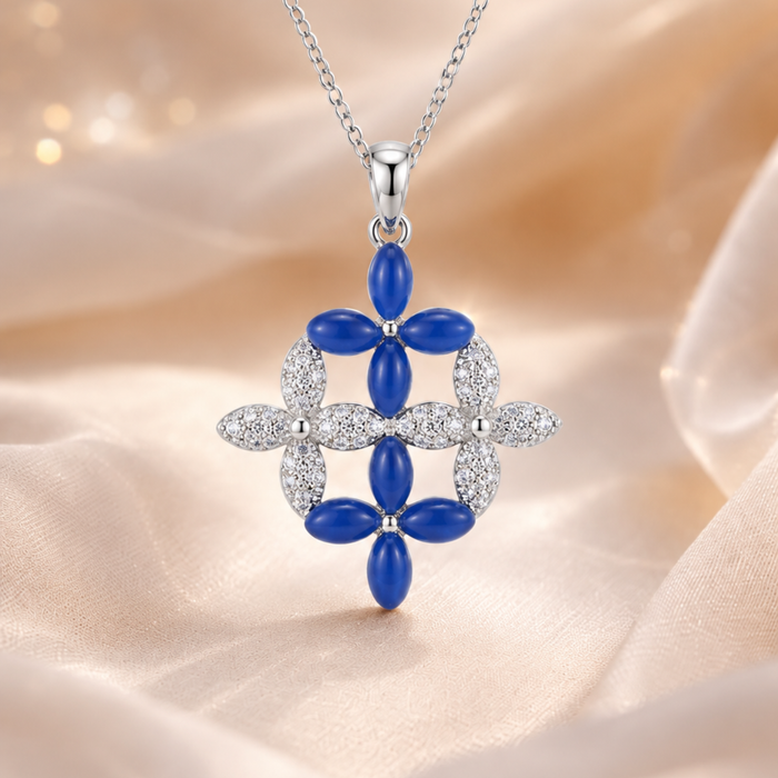 Silver Blue Petal Lattice Cross Pendant