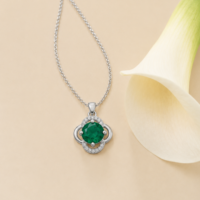 Silver Emerald Round Clover Frame Pendant