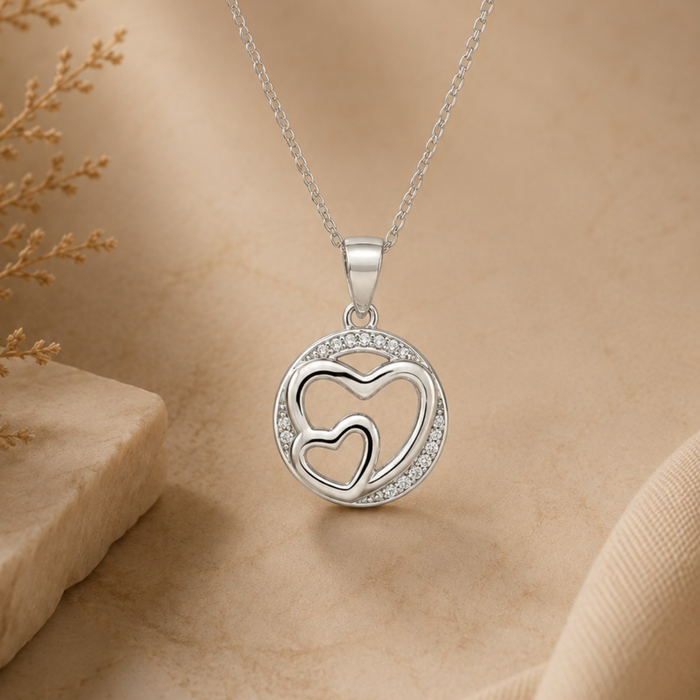 Silver Nested Hearts Pave Circle Pendant