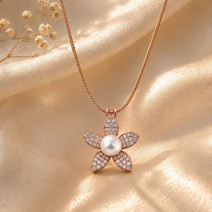 Silver Pearl Flower Pendant with Rose Gold Finish