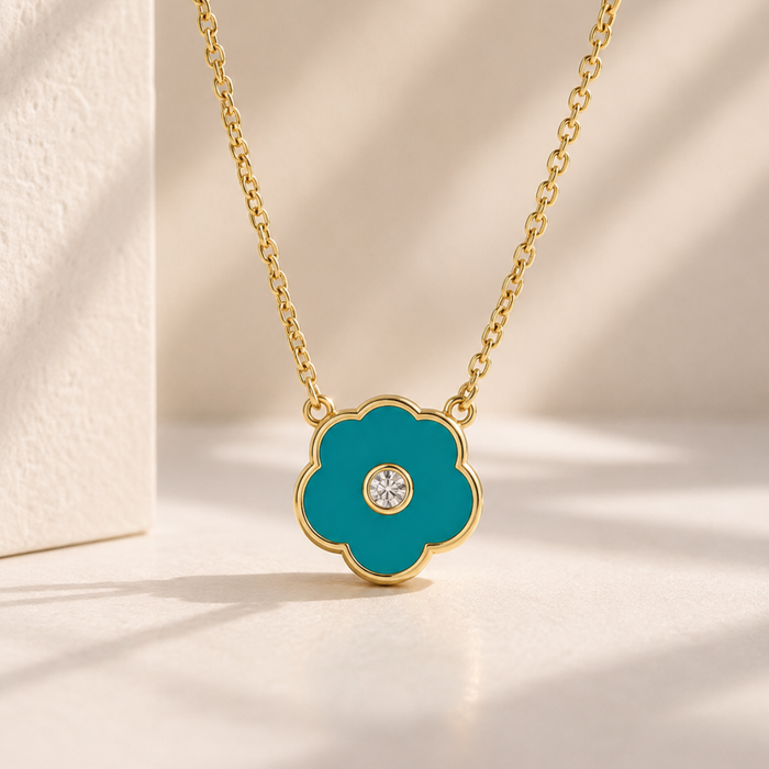 Gold-Tone Turquoise Enamel Flower Pendant