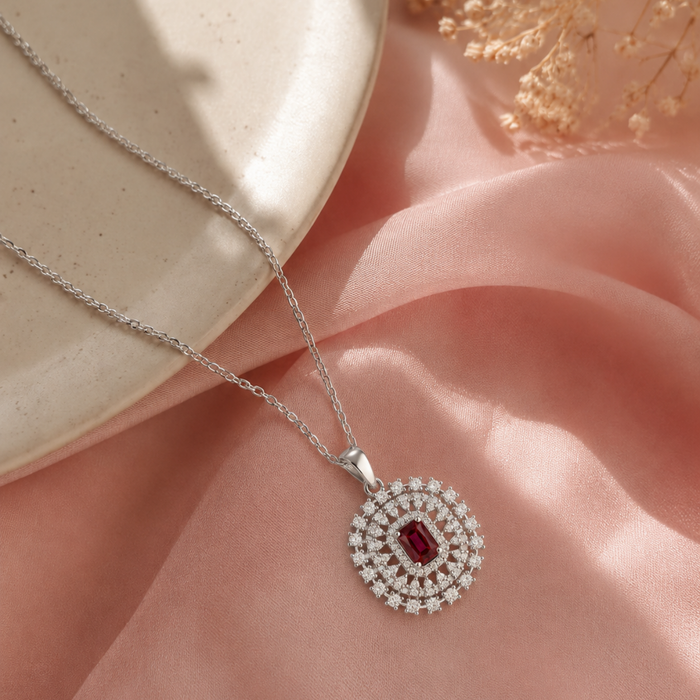 Silver Ruby Oval Double Halo Pendant