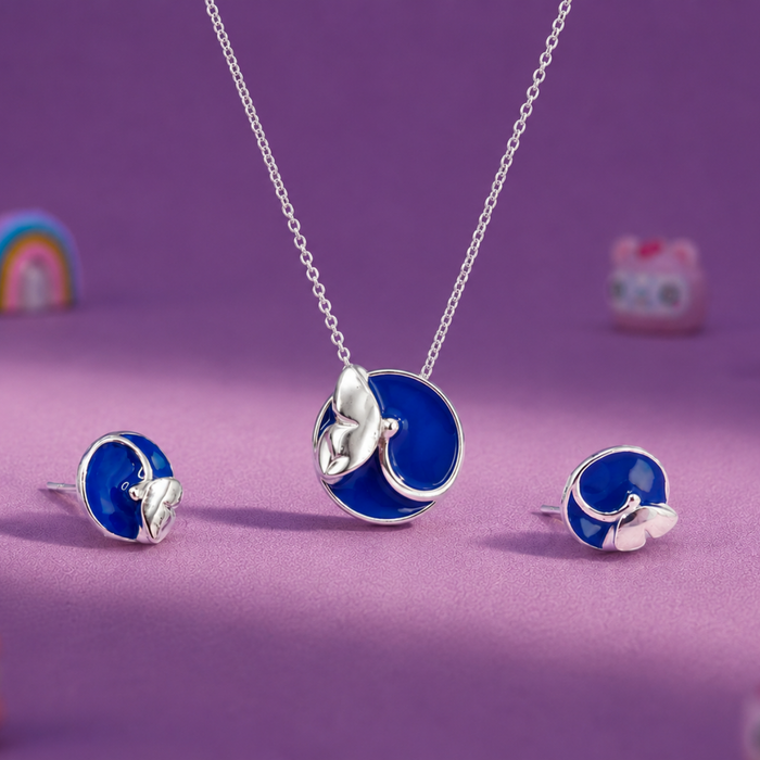 Silver Blue Enamel Swirl Blossom Pendant Set