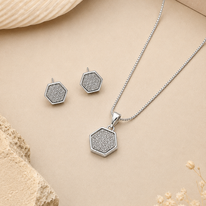 Silver Pave Hexagon Pendant & Stud Set