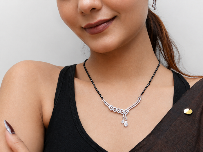 Silver CZ Scroll Bar & Teardrop Mangalsutra