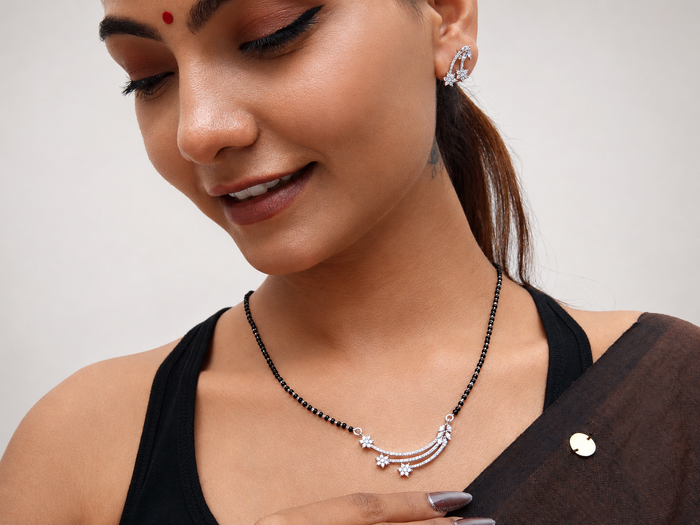 Silver CZ Swirl Bar Mangalsutra & Earring Set