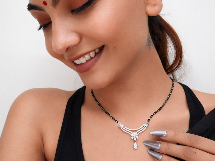 Silver CZ Floral Spray Drop Mangalsutra