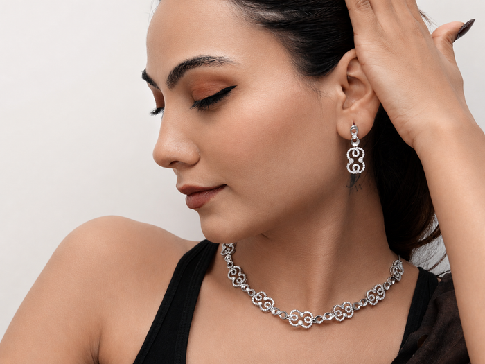 Silver CZ Floral Link Necklace & Drop Set