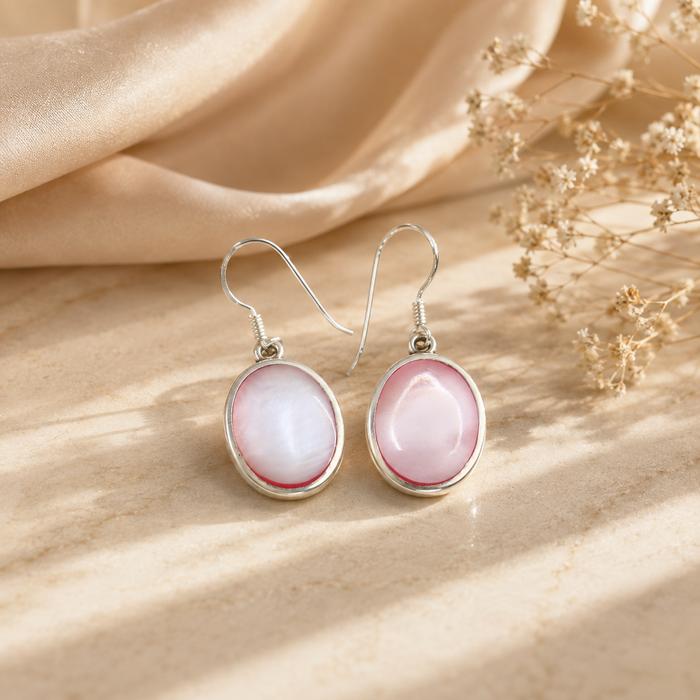 Silver Pink Shell Oval Drop Earrings