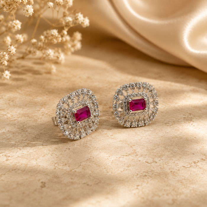 Silver Ruby Cushion CZ Halo Studs