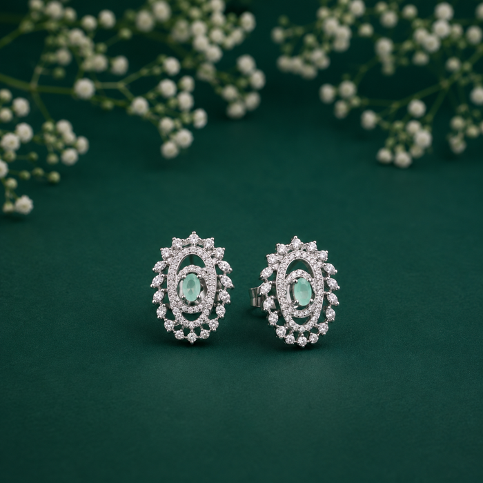 Silver Emerald Oval Double Halo Studs