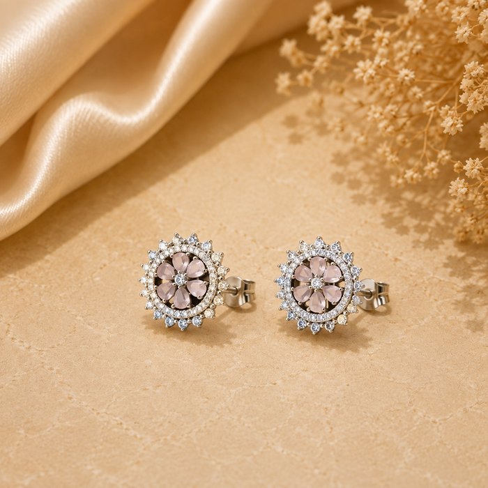 Silver Pink Floral Sunburst Halo Studs