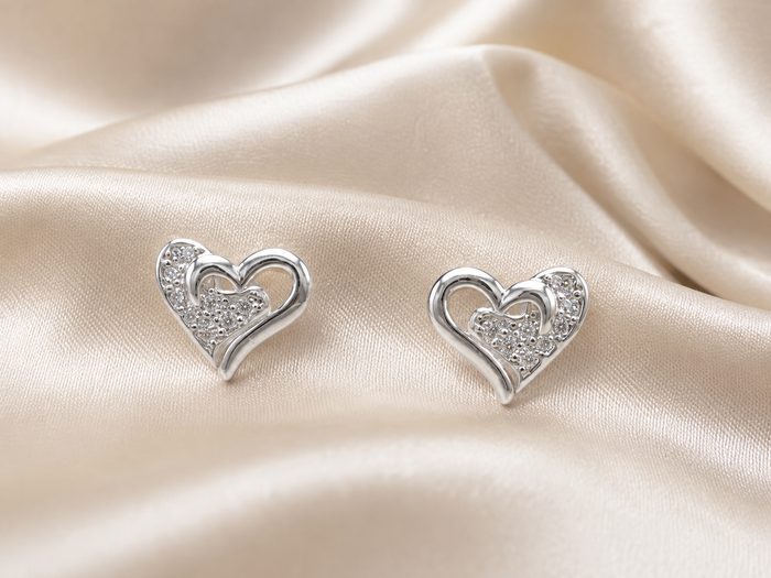 Silver Open Double Heart Pave Studs