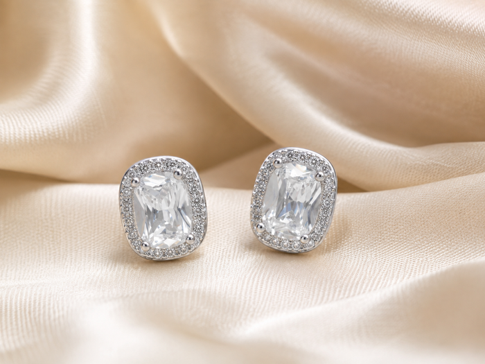 Silver Cushion CZ Halo Studs