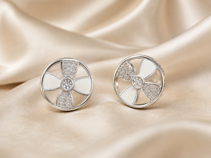 Silver White Enamel Pinwheel Disc Studs