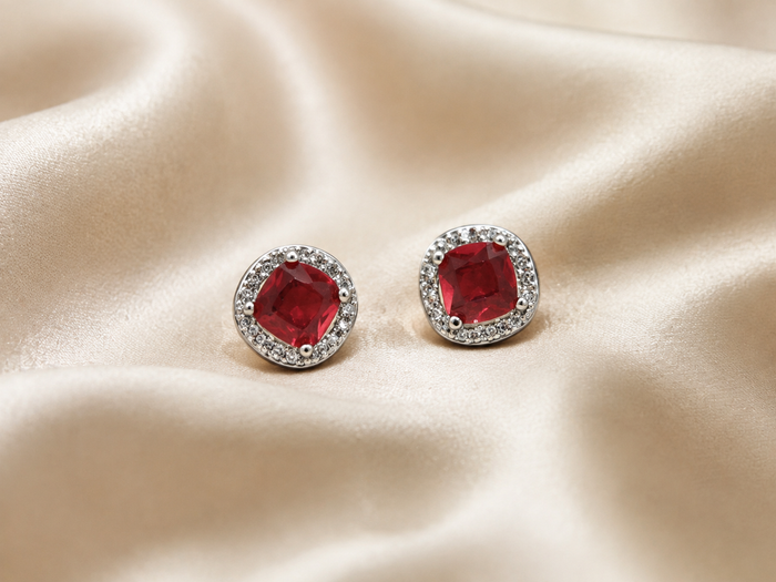 Silver Ruby Round CZ Halo Studs
