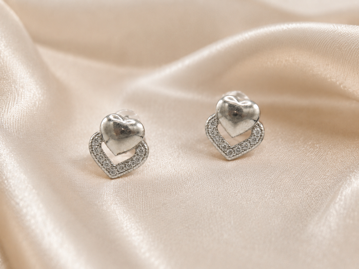 Silver Puffed Heart Pave Frame Studs