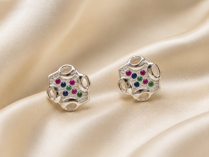Silver Multicolour Stone Floral Cutwork Studs