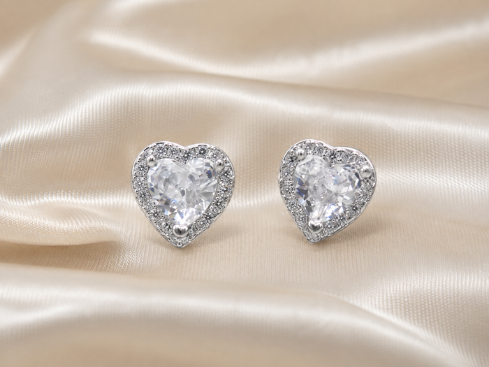 Silver Heart CZ Halo Studs