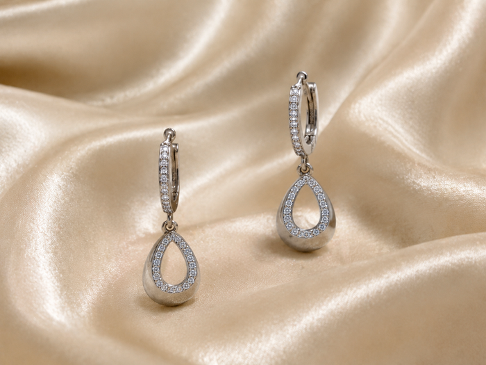 Silver Open Teardrop Pave Charm Huggies