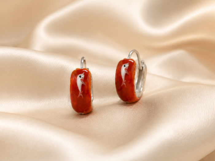 Silver Red Enamel Huggie Hoops