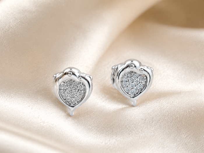 Silver Pave Heart Swirl Frame Studs