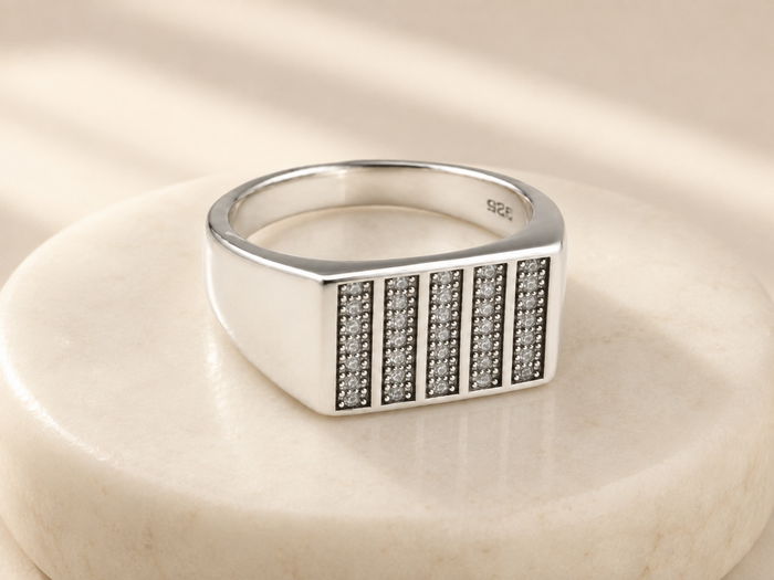 Silver Men's Vertical Pave Stripe Signet Ring