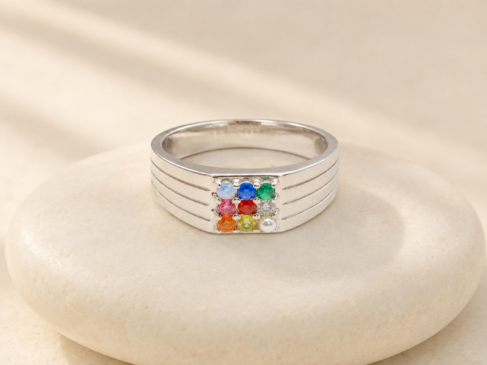 Silver Men's Navratna Multicolour Stone Ring