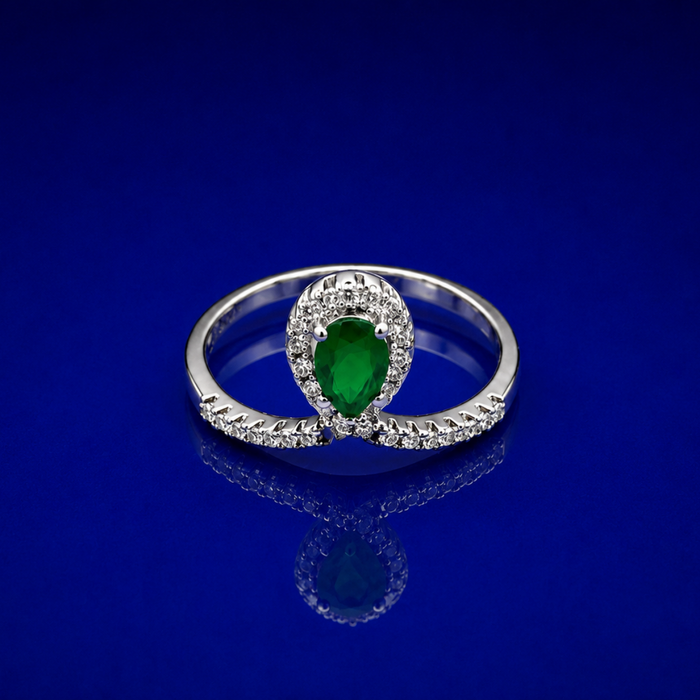 Silver Emerald Pear Halo Chevron Ring